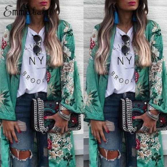 Floral Green Print Long Kimono Jacket Coat Women's - Picture 9 of 16